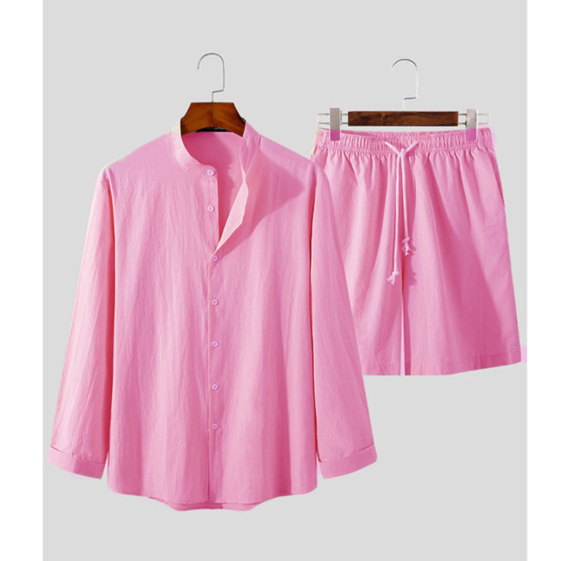 Men's Tracksuits Men Hawaiian Sets Beach Summer Long Sleeve Stand Collar Shirt Board Shorts 2 Pieces Streetwear Cotton Linen Men Sets 221006