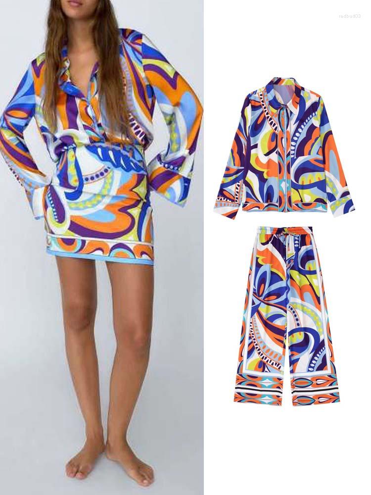 Women's Two Piece Pants 4 Colors 2 PCS Pant Sets Summer Women Fashion Print Blouses Vintage Turn Down Collar Shirts Long Sleeve Top