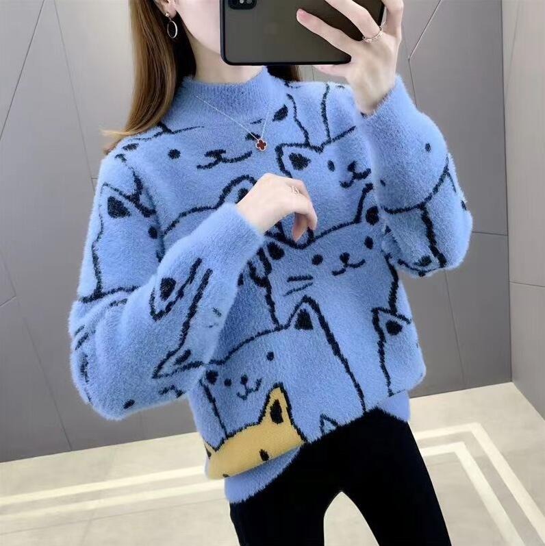 Women's Sweaters Luxury pink Black Print Pullover Half-high-neck Mid-length Jumpers Female Knitwear puff Dress top, 05
Women's Sweaters Luxury pink Black Print Pullover Half-high-neck Mid-length Jumpers Female Knitwear puff Dress top, 05