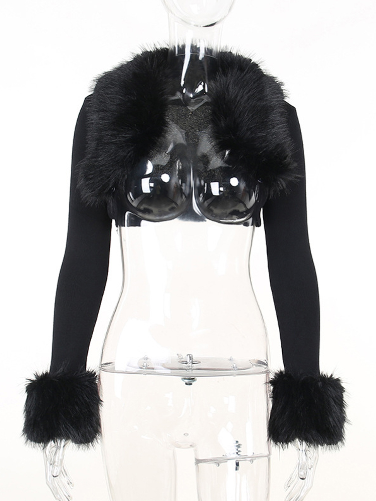 Women's Knits Tees Fashion Long Sleeve Fur Collar Knitted Crop Tops Women Elegant Sexy Black Coat Autumn Winter Jacket Woman Clothes 221007
