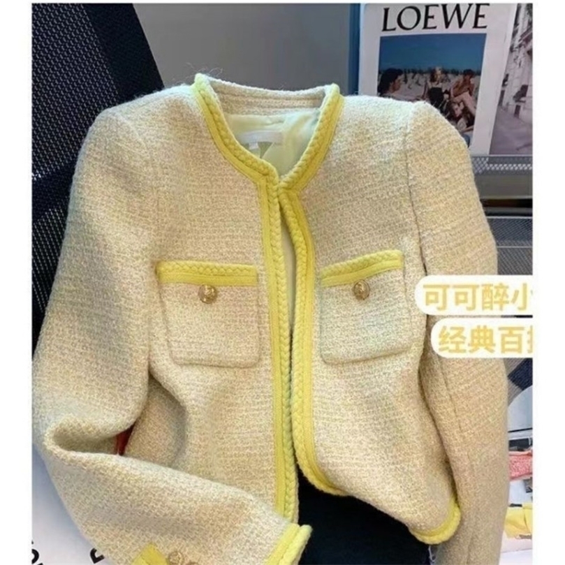 Women's Vintage Tweed Jacket - Yellow Plaid Overcoat With Pockets, Long Sleeve, Spring/Autumn Fashion B2