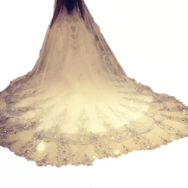 Sparkle Cathedral Length Bridal Veils Crystal Beaded Lace Appliques Luxury Long Tulle Wedding Veil Ivory White Color 2023 Marriage Accessories