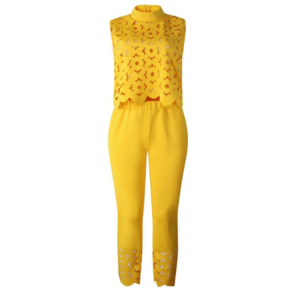 Women's Two Piece Pants Solid Color Two Piece Set Women Pant Suits Sexy Hollow Lace Sleeveless Pullovers Crop Top Long Pants Women Outfit Tracksu
