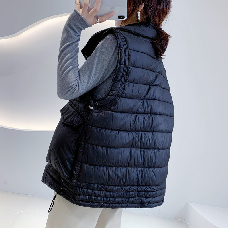 Women's Vests 0409 Down Cotton Waistcoat Women Laple Collar Casual Loose Sleeveless Coat Bodywarmer Femme Big Pockets Black Beige Winter Vest 221