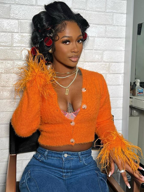 Women's Knits Tees Hugcitar Orange Long Sleeve Feather Knit Buttons Cardigan Sexy Crop Top Sweater Autumn Women Korean Party Y2K Halloween Clothe