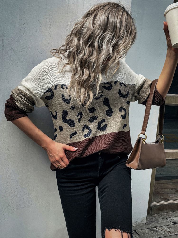 Women's Knits Tees Ladies Leopard Patchwork Autumn Winter Sweater Women Pullover Pull Knitwear Top Full Sleeve Knitted Jumper Women Sweater Femal