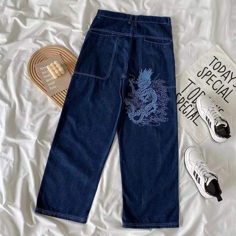 Women's Jeans American retro street loose embroidered straight-leg jeans women casual all-match high-waist mopping wide-leg trousers 221007