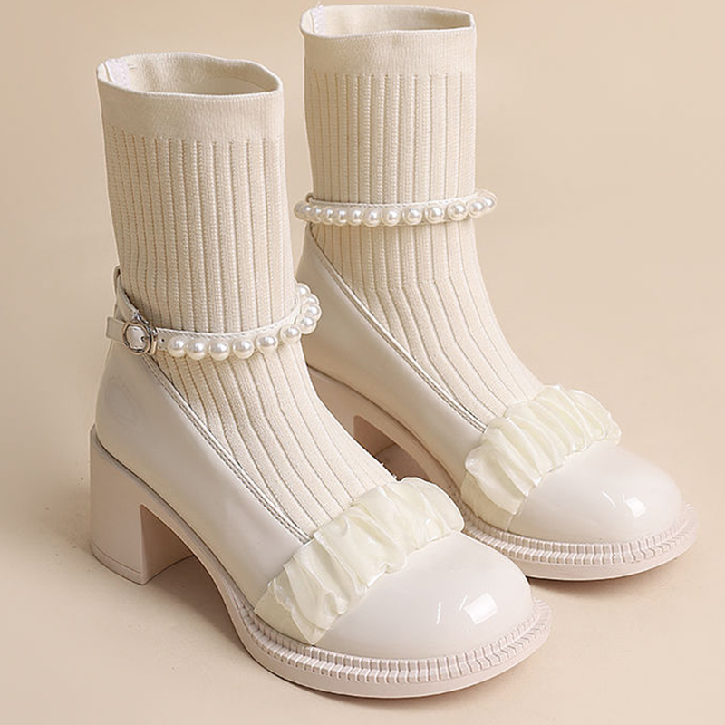 Boots Fashion Women Short Pearl Slipon Platform Mid Calf Ladies Mary Jane Shoes Female Autumn Casual Woman 221007