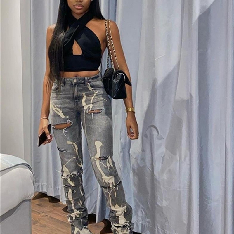 Women's Jeans Yiallen Cotton Hole Trend Y2K Woman Pants Chic Print Stacked Indie Denim Skinny Elastic Slim Casual Streetwear Trousers 221007