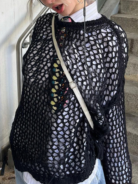 Women's Knits Tees Y2K Harajuku Hollow Out Knit Pullovers Crewneck Autumn Vintage Fairycore Grunge Top Fashion Retro Smock Sweater Cuteandpsycho 