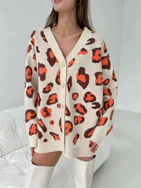 Women's Knits Tees Ladies Vintage Leopard Autumn Winter Sweater Women Cardigan Female Casual Warm Oversize Loose Knitted Jacket Coat Women Sweate