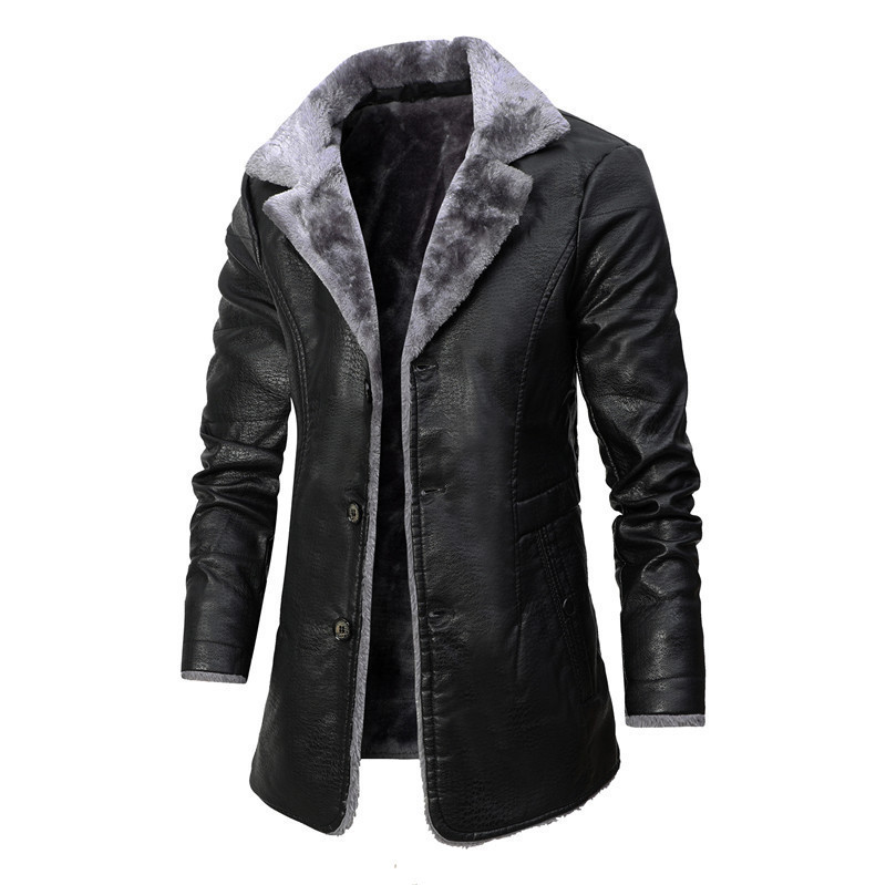 Men's Leather Faux PU Jacket Men Long Style Solid Streetwear Fleece Casual Mens Clothing Porckets Breasted Coat Outwear 221006