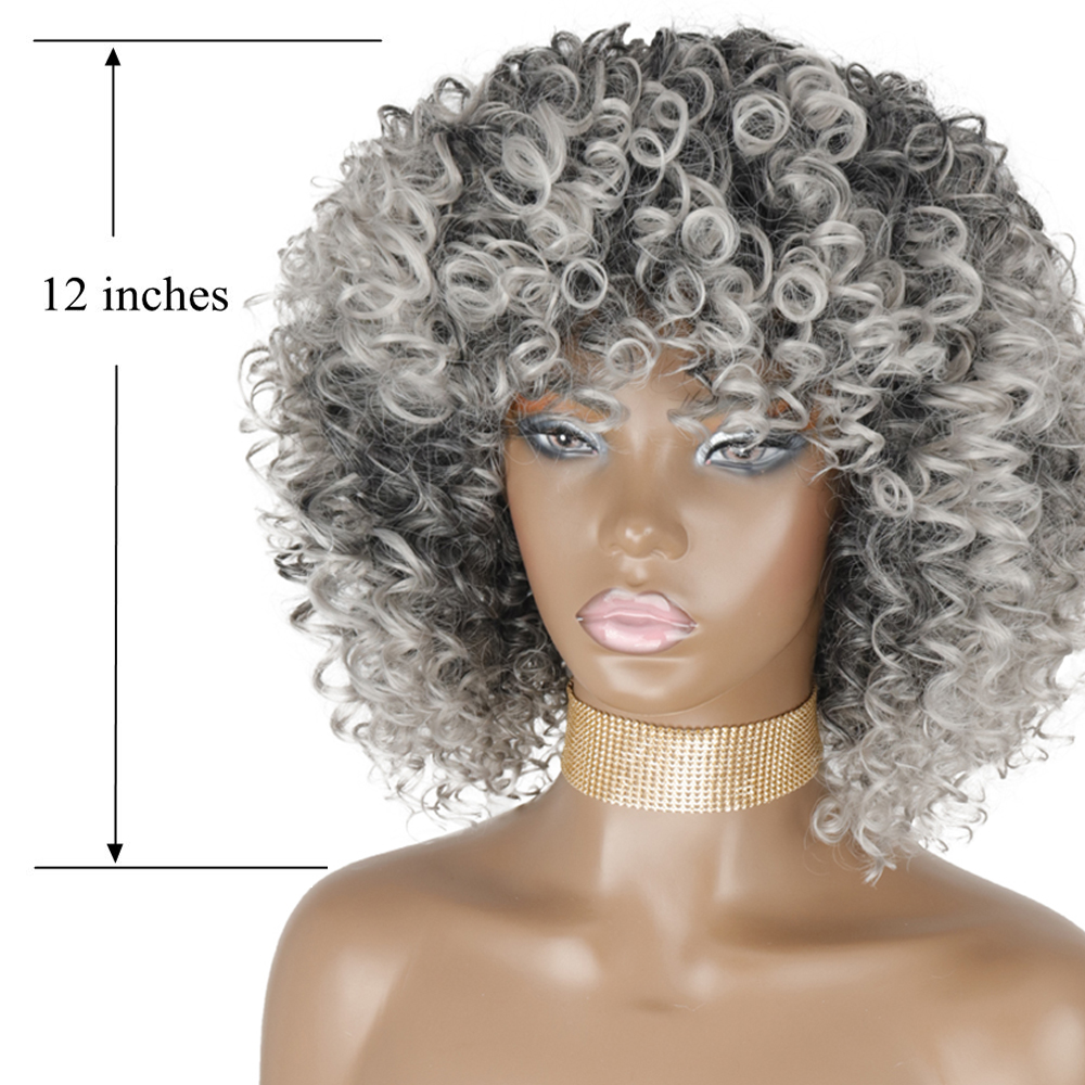 Synthetic Afro Kinky Curly Wigs Short Curly Wig For Women With Bangs Mixed Black and Gray Wig for Black Women