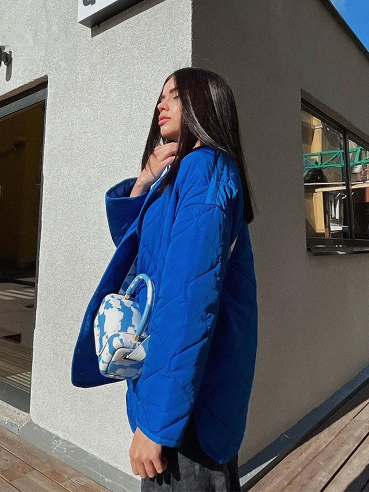 Women's Down Parkas Cryptographic Winter Blue Oversize Puffer Jackets for Women Casual Fashion Warm Cotton Button Down Quilted Coat and Jacket Lo