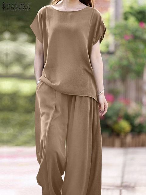 Women's Two Piece Pants ZANZEA Oversized Summer Trousers Suits 2PCS Women Matching Sets Fashion Short Sleeve Blouse Wide Leg Pants Sets Loose Tra