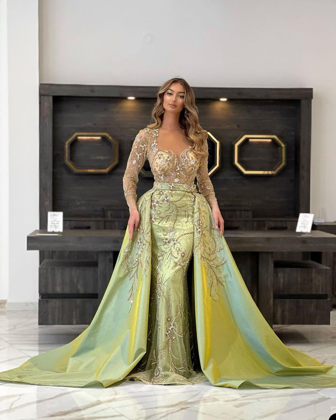 Luxurious Beads Mermaid Evening Dress Detachable Train Illusion Full Sleeve Custom Made Women Crystal Party Gown Prom Robe