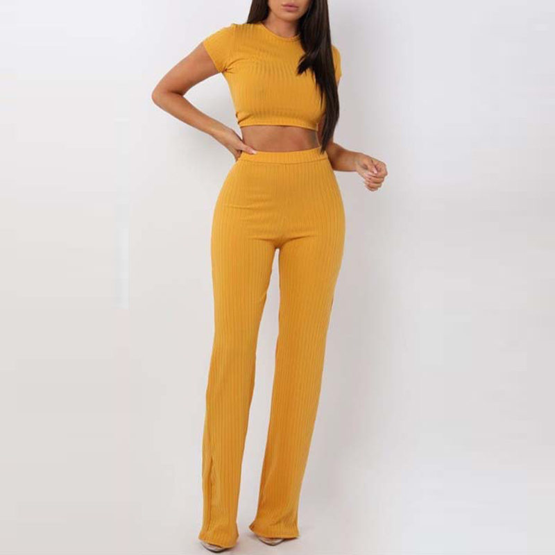 Women's Two Piece Pants Fashion Women Sets Casual Solid Rib Knit Short Sleeve Crop Top High Waist Wide Leg Pants Suits Lady Tracksuit Loungewear 
