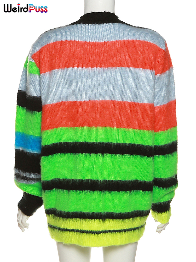 Women's Knits Tees Weird Puss Cardigan Sweater Y2K Women Button Contrast Color Patchwork V-Neck Lantern Sleeve Top Street Hipster Loose Coat 2210