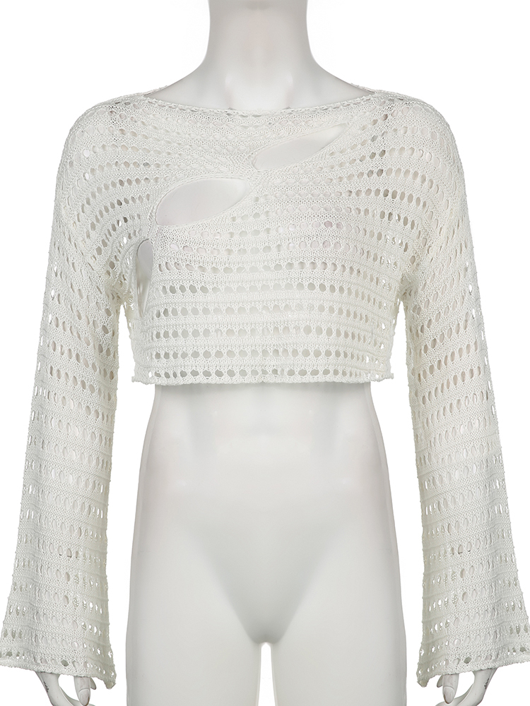 Women's Sweaters Cuteandpsycho Y2K Hollow Out Cropped Knit Smock Top Vintage Loose Distressed Crochet Pullovers Casual Fairycore Chic Crop Cloth 
