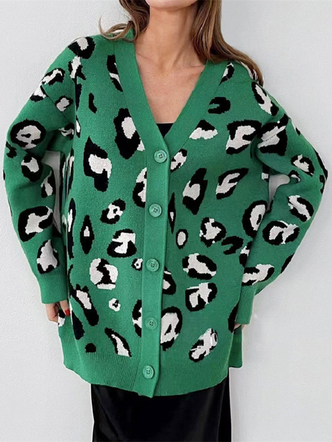 Women's Knits Tees Ladies Vintage Leopard Autumn Winter Sweater Women Cardigan Female Casual Warm Oversize Loose Knitted Jacket Coat Women Sweate