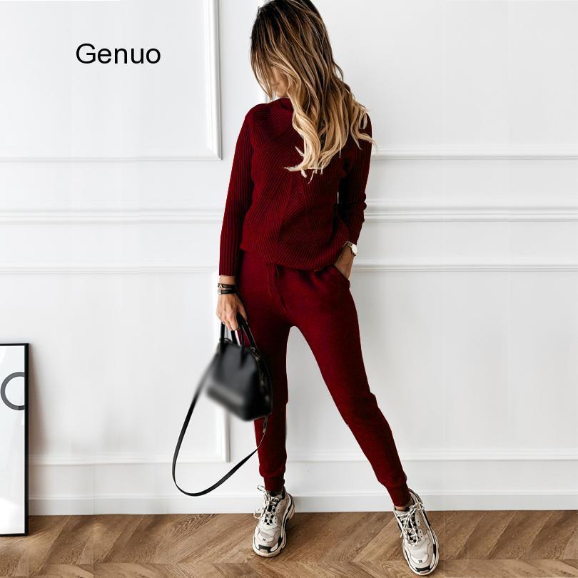 Women's Two Piece Pants Autumn Winter Women's Tracksuit Solid Color Striped Turtleneck Sweater and Elastic Trousers Suits Knitted Two Piece 