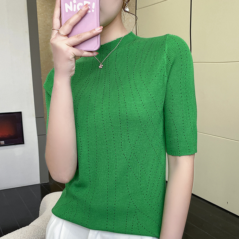Women's Knits Tees Women Spring Summer Shortsleeved Halfhigh Collar Sweater Soft Wool Blend Sequin Pullover Tshirt Knitted Base Casual Sweater 22