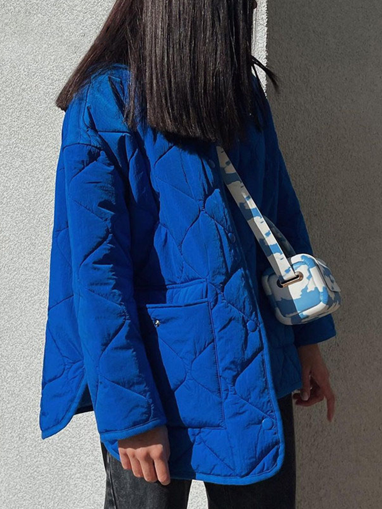 Women's Down Parkas Cryptographic Winter Blue Oversize Puffer Jackets for Women Casual Fashion Warm Cotton Button Down Quilted Coat and Jacket Lo