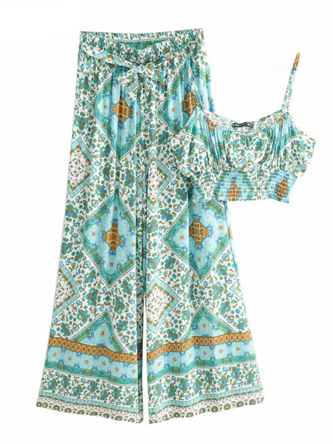 Women's Two Piece Pants Vintage Chic Women Floral Print Outfits Strap Sleeveless Tops Bohemian Suits Drawstring Pants 2 Pieces Rayon Cotton Boho 