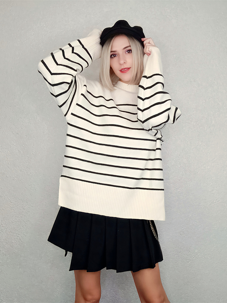 Women's Knits Tees Ladies Oversize Loose Autumn Winter Sweater Women Striped Warm Casual Knit Basic Chic Jumper Pullover Women Sweater Top Female
