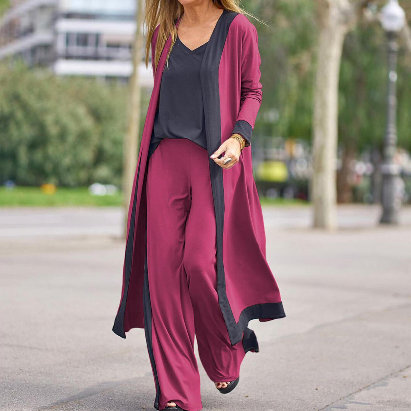 Women's Two Piece Pants Autumn Winter 1 Set Stylish Cardigan Coat Sling Top Pants Homewear Set Three-Piece Women Outfit Color Block for Office 22