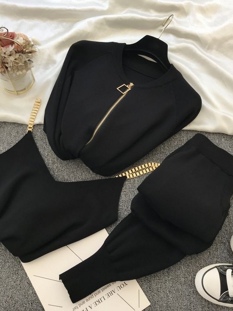 Women's Two Piece Pants Woman Jacket Fashion Women'S Suit Autumn Sweet Temperament Chain Vest Knitted Casual Jacket Three-Piece Elastic Pant