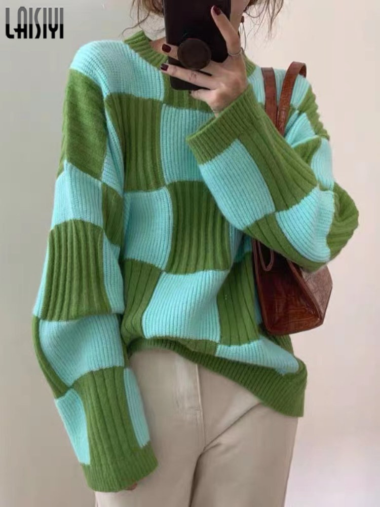 Women's Sweaters LAISIYI Thick Women Pullovers Y2k Clothes Autumn Winter Checkerboard Loose Long Sleeve Knitted Sweater Jumpers ladies 221007