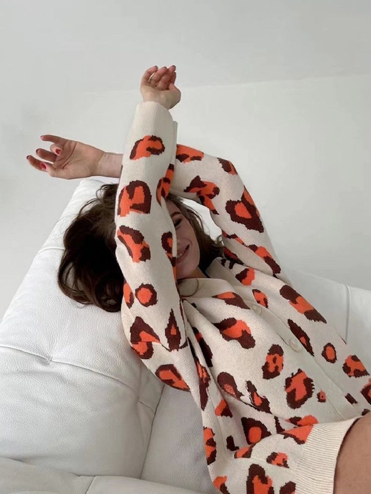 Women's Knits Tees Ladies Vintage Leopard Autumn Winter Sweater Women Cardigan Female Casual Warm Oversize Loose Knitted Jacket Coat Women Sweate