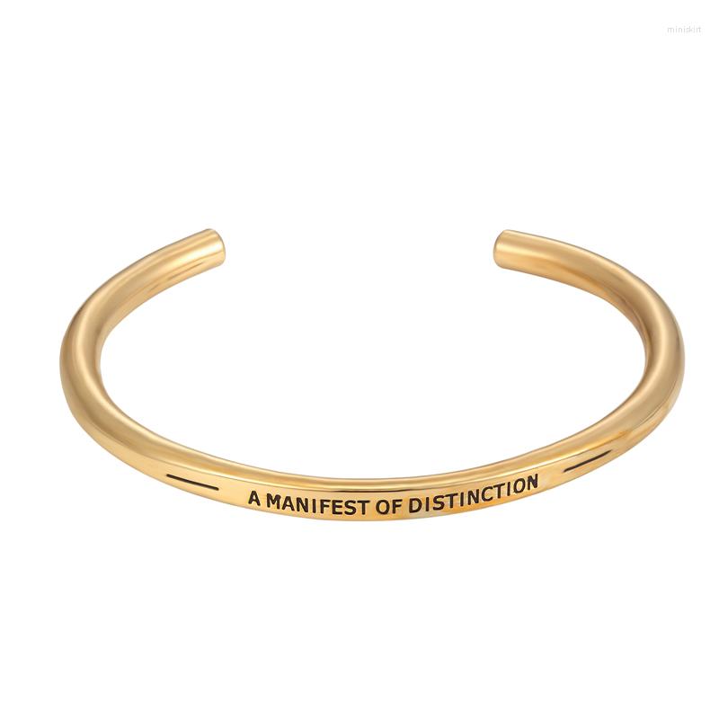 Bangle Arrival Engraved "A MANIFEST OF DISTINCTION" Cuff For Women Titanium Steel Gold Color Jewelry Wholesale
Bangle Arrival Engraved "A MANIFEST OF DISTINCTION" Cuff For Women Titanium Steel Gold Color Jewelry Wholesale