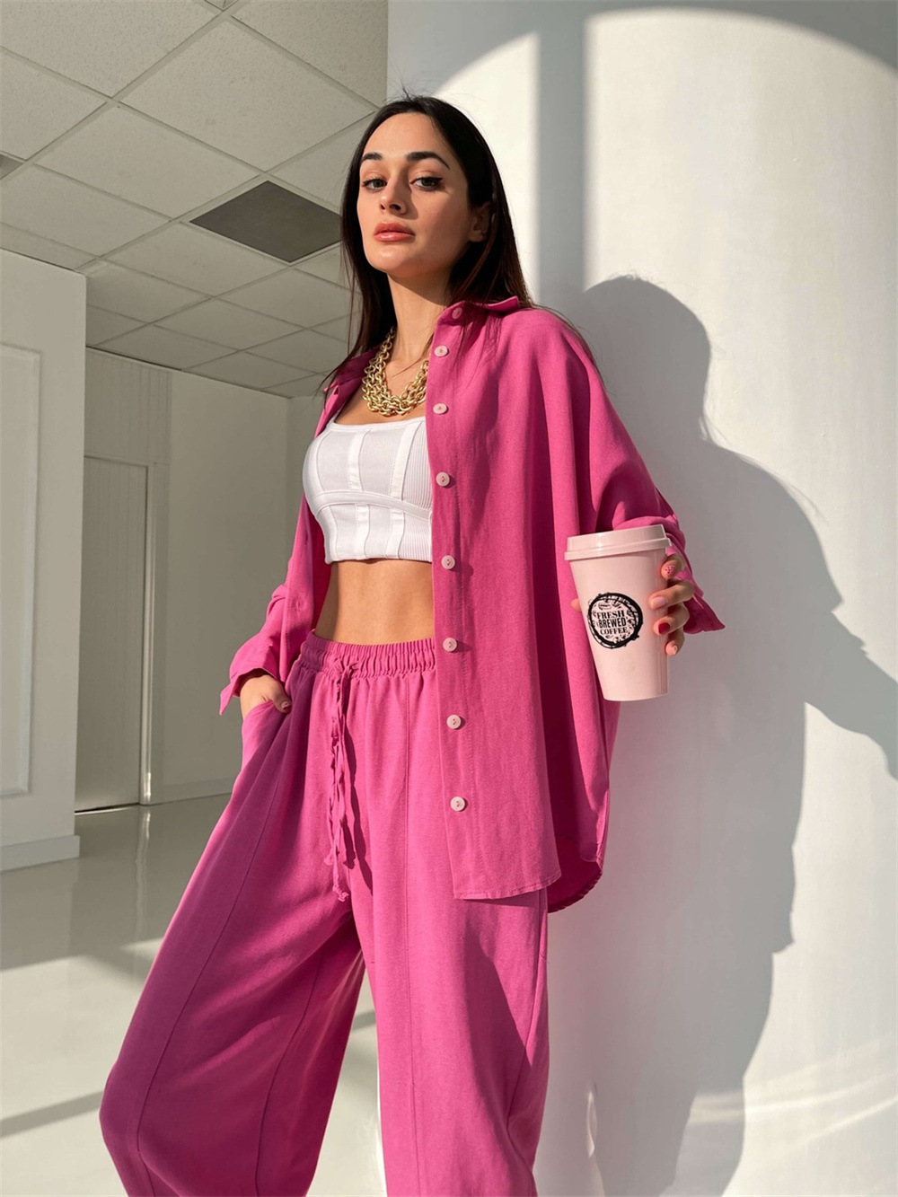 Women's Two Piece Pants spring and summer European and American casual suits solid color lapel long-sleeved shirt top harem pants two-piece set 2
