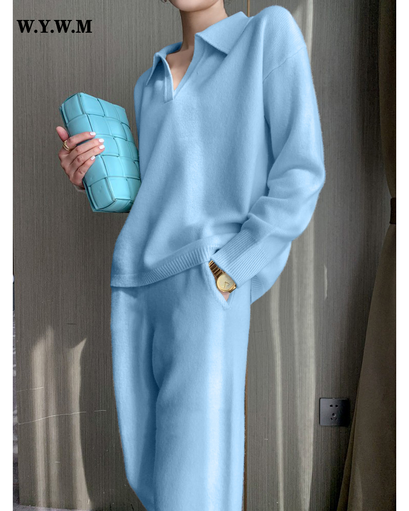Women's Two Piece Pants WYWM Chic Soft Knitted Sweater Pants Suits Women Autumn Winter Casual Fashion Ladies Sets 2 Pieces V-neck Loose Female To