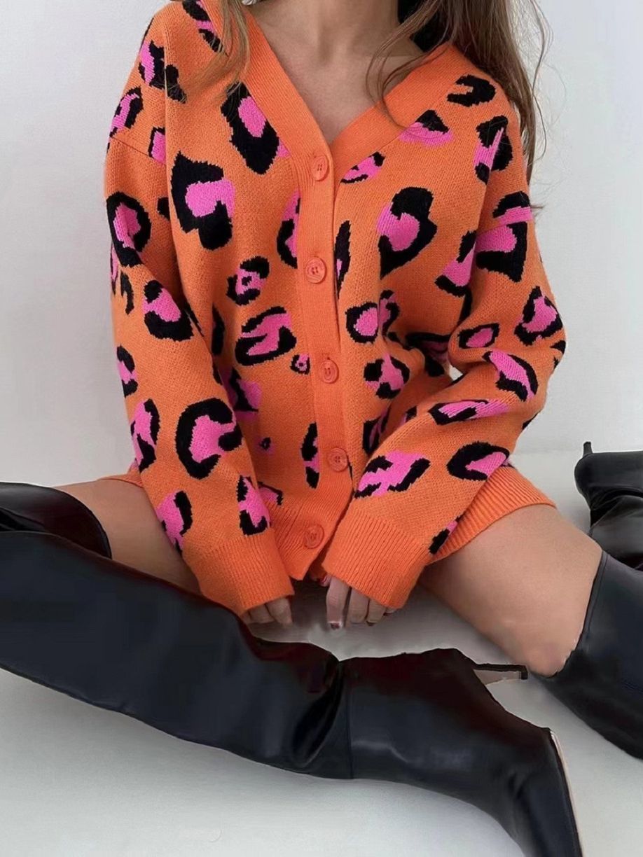 Women's Knits Tees Ladies Vintage Leopard Autumn Winter Sweater Women Cardigan Female Casual Warm Oversize Loose Knitted Jacket Coat Women Sweate