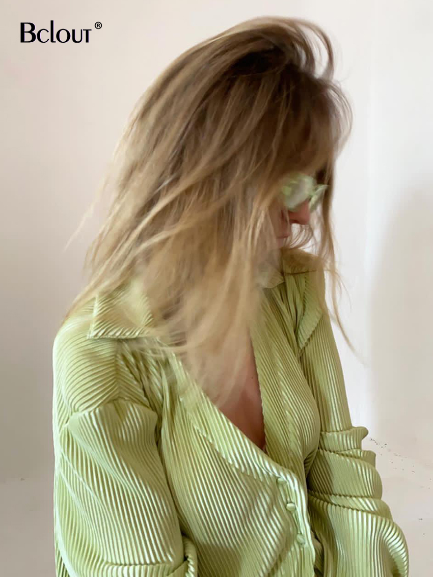 Women's Two Piece Pants Bclout Autumn Green Pants Suits Woman Flare Sleeve Fashion Loose Shirts Pleated Pants Set Two Pieces Fashion Womens Outfi