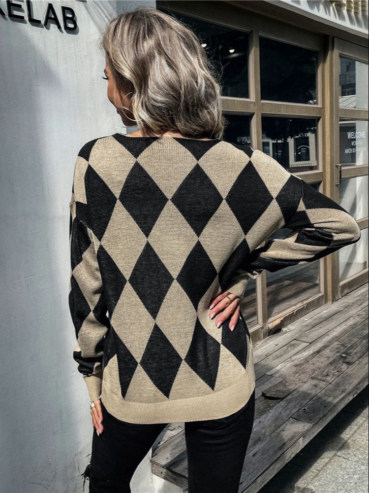 Women's Knits Tees Ladies Sexy Argyle Autumn Winter Sweater Women Pullover Tops Long Sleeve Casual Streetwear Knitted Jumpers Women Sweater Femal