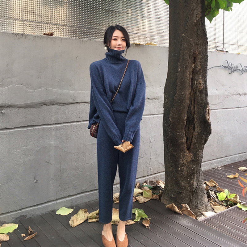Women's Two Piece Pants Autumn Winter Knitted Tracksuit Turtleneck Sweatshirts Fashion Women Suit clothing 2 Piece set Knit pant Female Pants sui