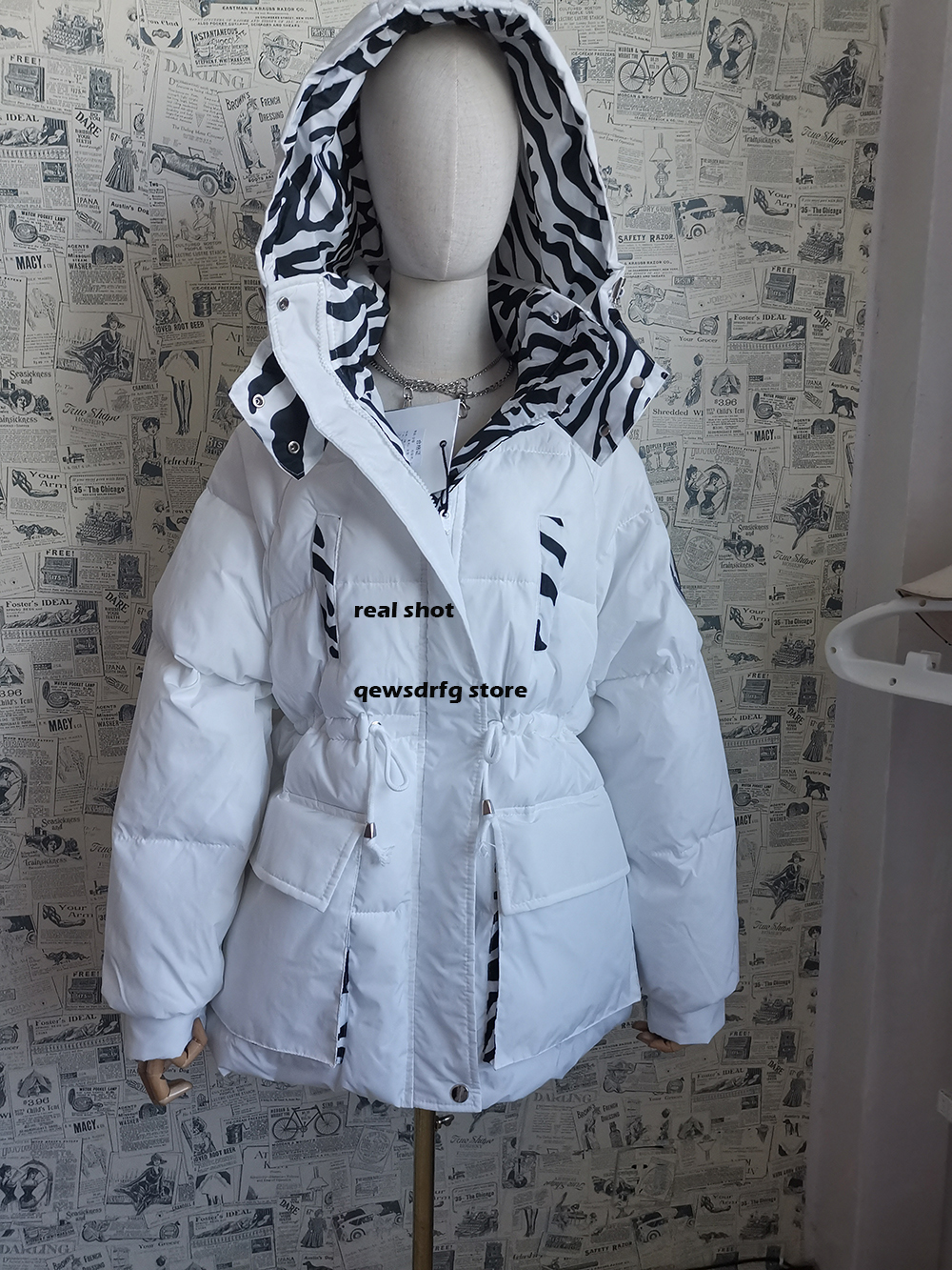 Women's Down Parkas Winter Jacket Female Fashion Zebra Pattern Loose Down Cotton Coat Loose Hooded Bread Clothing Women's Down Jackets 22100