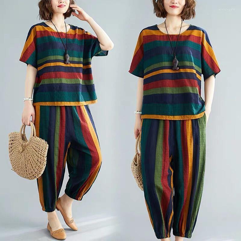 Women's Tracksuits 2 Piece Sets Womens Cotton And Linen Outfits Stripe Short Sleeve O-neck Tops Loose Harem Pants 2022 Summer Casual Two Set, Two-piece suit
Women's Tracksuits 2 Piece Sets Womens Cotton And Linen Outfits Stripe Short Sleeve O-neck Tops Loose Harem Pants 2022 Summer Casual Two Set, Two-piece suit