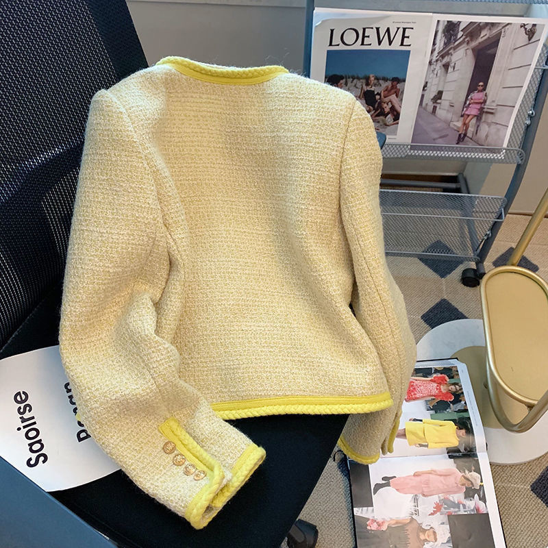 Women's Vintage Tweed Jacket - Yellow Plaid Overcoat With Pockets, Long Sleeve, Spring/Autumn Fashion B2