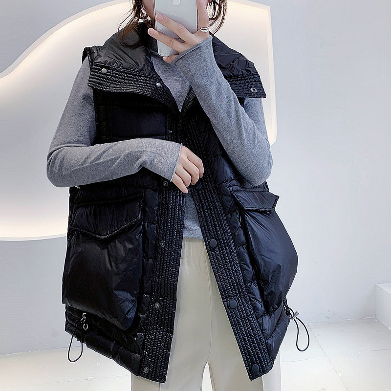 Women's Vests 0409 Down Cotton Waistcoat Women Laple Collar Casual Loose Sleeveless Coat Bodywarmer Femme Big Pockets Black Beige Winter Vest 221