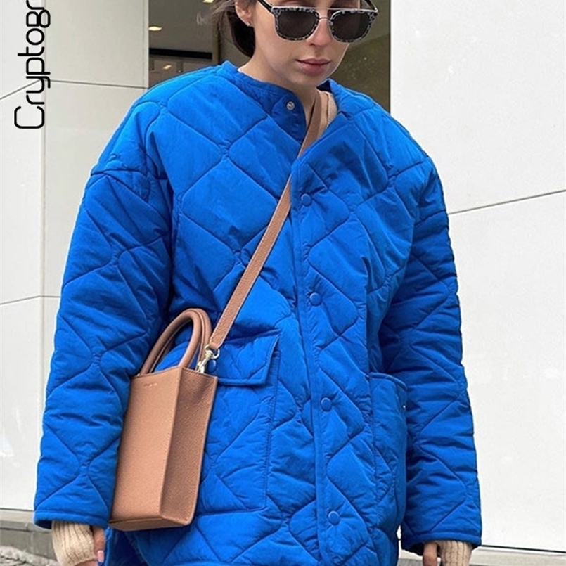 Women's Down Parkas Cryptographic Winter Blue Oversize Puffer Jackets for Women Casual Fashion Warm Cotton Button Down Quilted Coat and Jacket Lo
