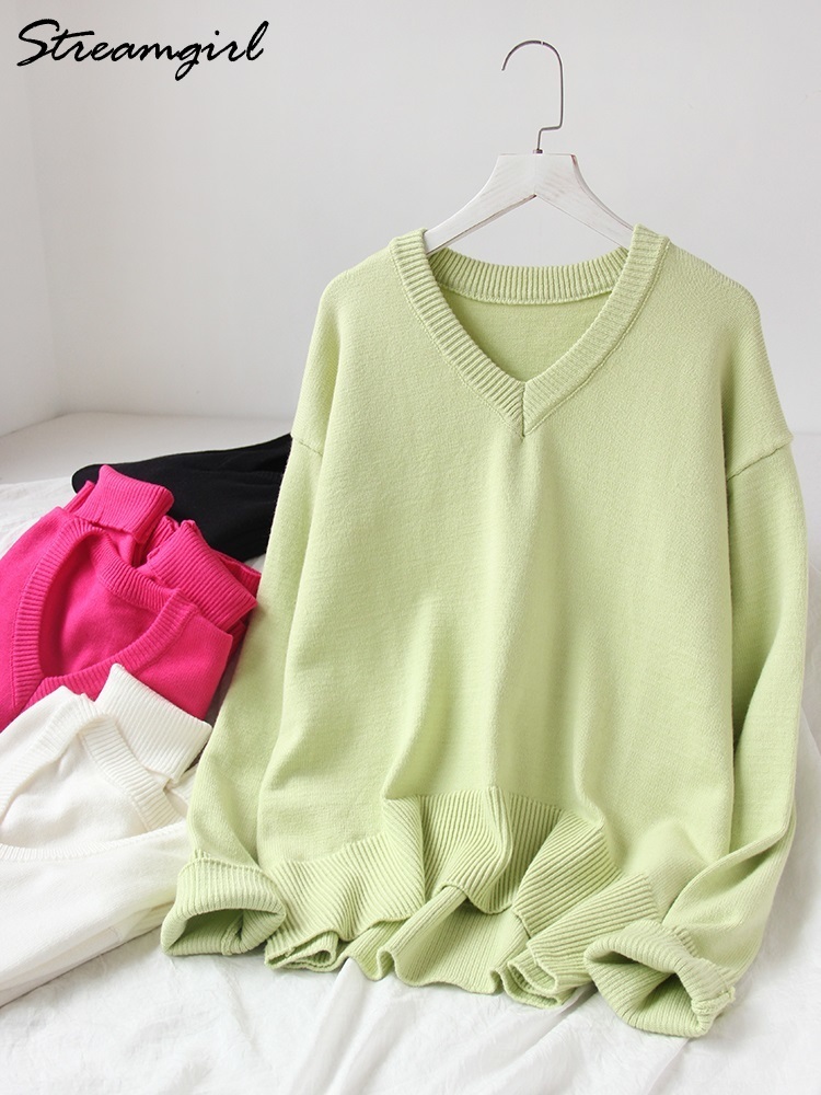 Women's Knits Tees White Women's Sweater Oversize Pullover Winter V Neck Thick Warm Sweaters Womens Pullover Loose Sweaters For Women Autumn