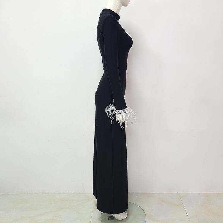 ostrich women lady black maxi long dresses style design long sleeve spring autumn outfits dress YS5223
