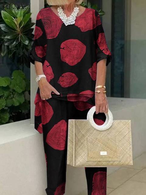 Women's Two Piece Pants ZANZEA Summer Vintage Floral Printed Pant Sets Women Matching Sets Casual 3/4 Sleeve Blouse Suits Loose Urban Tracksuit 2