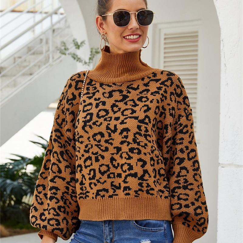 Women's Knits Tees Ladies Leopard Autumn Winter Women Sweater Turtleneck Casual Jumper Knitted Pullover Women Sweaters Top Female Pull Knitwear 2