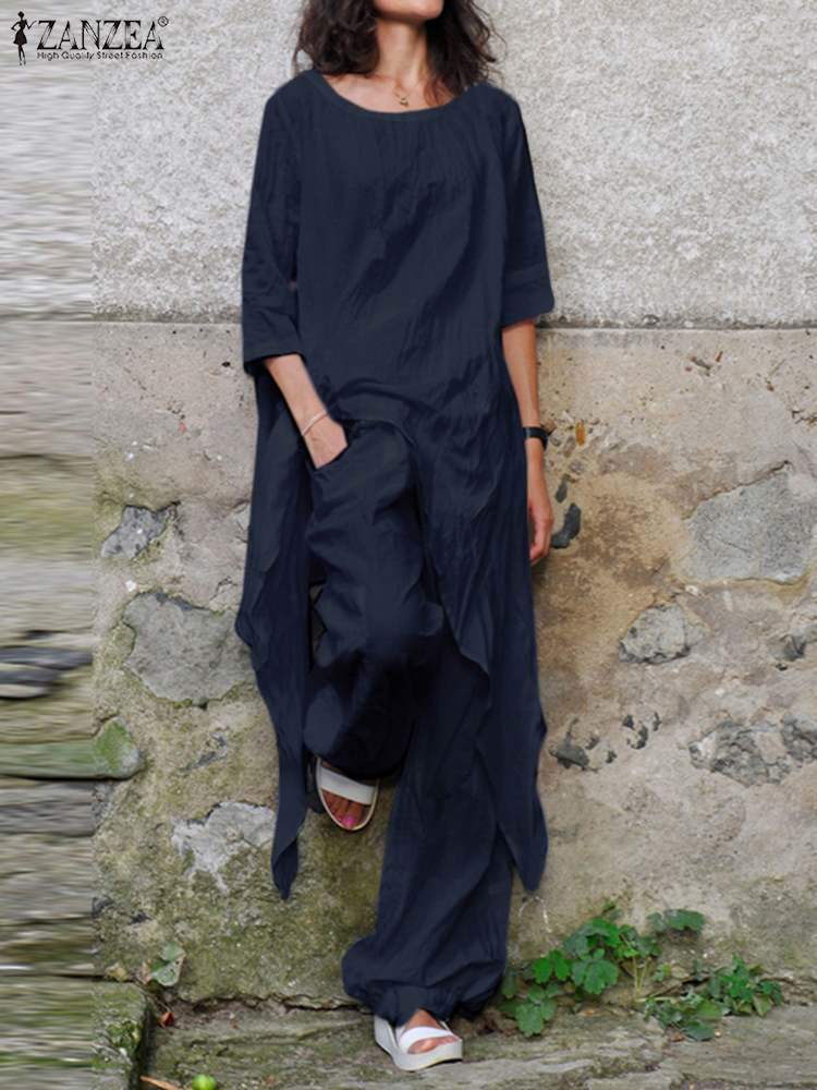 Women's Two Piece Pants Two Piece Sets Women Tracksuit ZANZEA Fashion Summer Matching Sets 2PCS Casual 3/4 Sleeve Irregular Blouse Suits Urban Ou